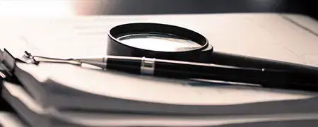 Eine Lupe und ein Stift liegen auf einem Stapel Papier